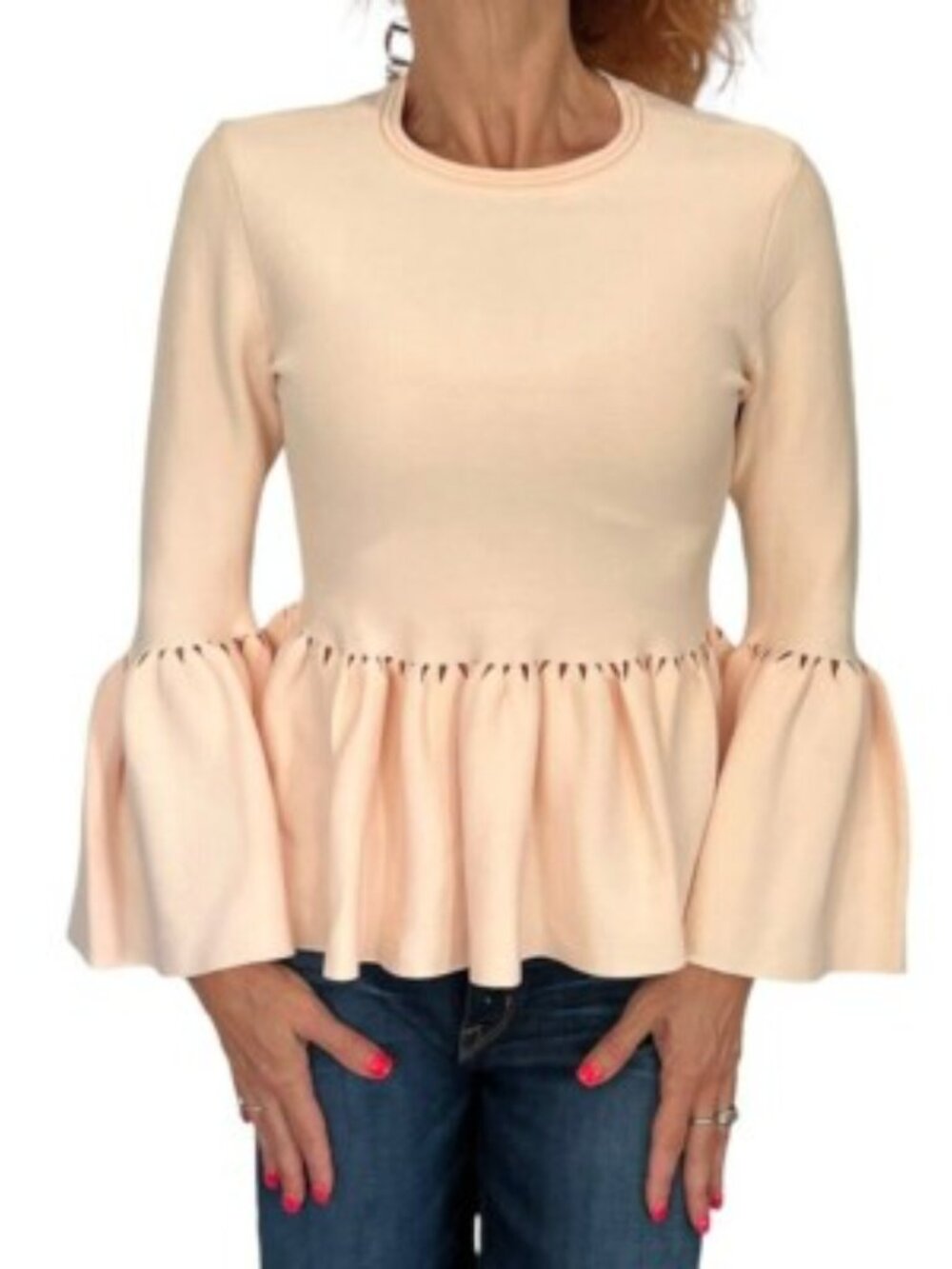 Jonathan Simkhai Laser Cut Peplum Long Sleeve Blouse Pink Size Small